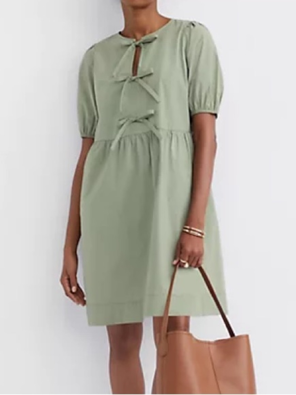 Loft Poplin Puff Sleeve Bow Cotton Mini Dress Sage Green Size XS
